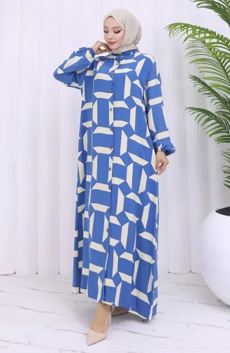 Viscose Fabric Buttoned Patterned Dress 2030-04 Indigo Beige 2030-04