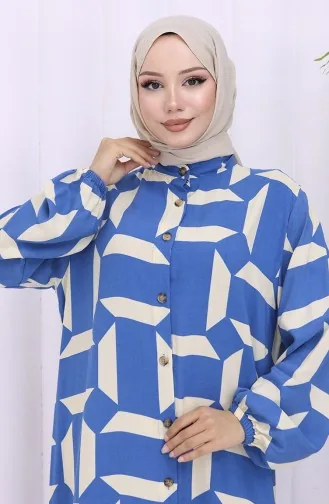 Viscose Fabric Buttoned Patterned Dress 2030-04 Indigo Beige 2030-04