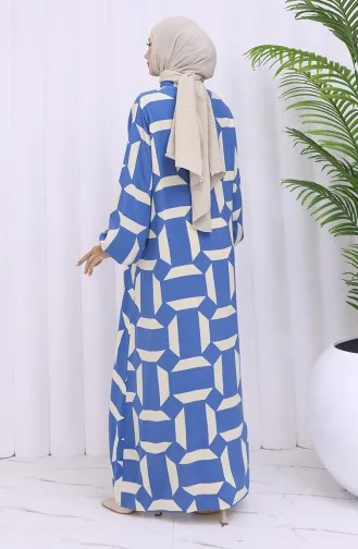 Viscose Fabric Buttoned Patterned Dress 2030-04 Indigo Beige 2030-04