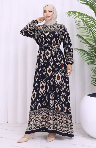 Viskon Kumaş Desenli Kuşaklı Elbise 2031-01 Lacivert