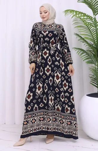 Viskon Kumaş Desenli Kuşaklı Elbise 2031-01 Lacivert