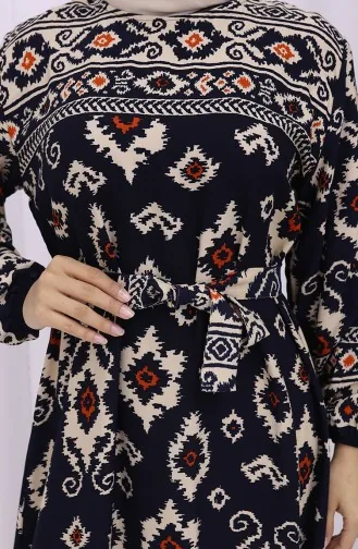 Viskon Kumaş Desenli Kuşaklı Elbise 2031-01 Lacivert