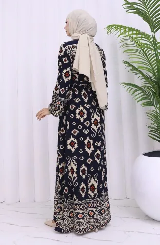 Viskon Kumaş Desenli Kuşaklı Elbise 2031-01 Lacivert