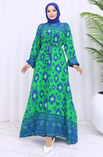 Viskon Kumaş Desenli Kuşaklı Elbise 2031-03 Yeşil