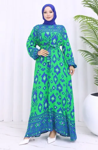 Viskon Kumaş Desenli Kuşaklı Elbise 2031-03 Yeşil