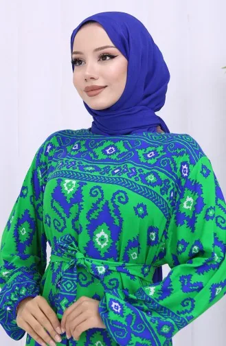 Viskon Kumaş Desenli Kuşaklı Elbise 2031-03 Yeşil