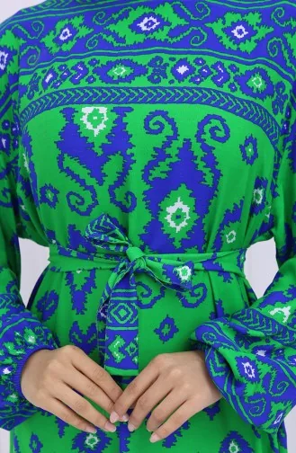 Viskon Kumaş Desenli Kuşaklı Elbise 2031-03 Yeşil