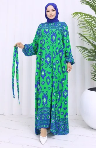 Viskon Kumaş Desenli Kuşaklı Elbise 2031-03 Yeşil