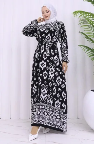 Viskon Kumaş Desenli Kuşaklı Elbise 2031-04 Siyah