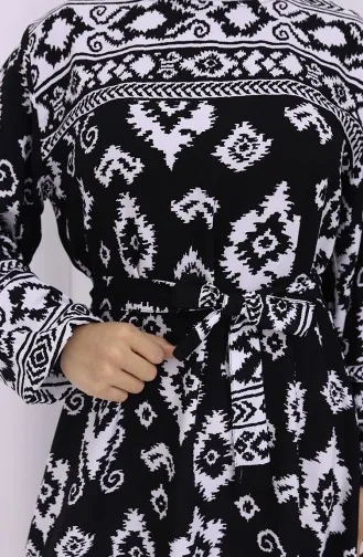 Viskon Kumaş Desenli Kuşaklı Elbise 2031-04 Siyah
