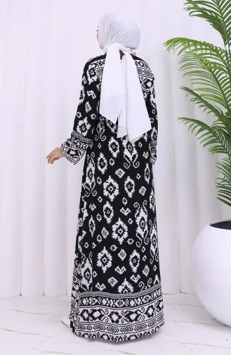 Viskon Kumaş Desenli Kuşaklı Elbise 2031-04 Siyah