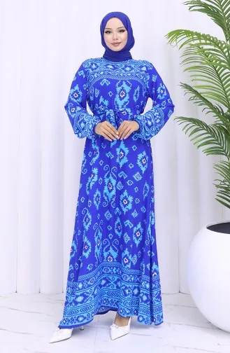 Viskon Kumaş Desenli Kuşaklı Elbise 2031-05 Saks