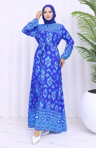 Viskon Kumaş Desenli Kuşaklı Elbise 2031-05 Saks