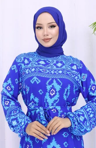 Viskon Kumaş Desenli Kuşaklı Elbise 2031-05 Saks