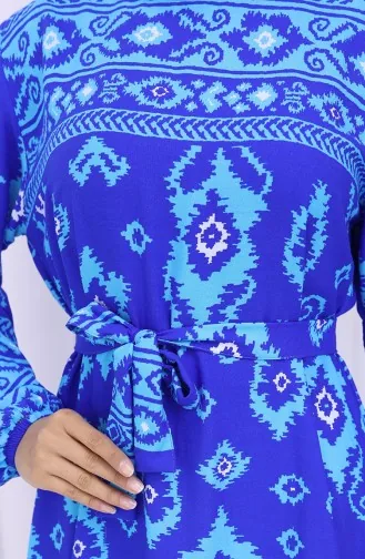 Viskon Kumaş Desenli Kuşaklı Elbise 2031-05 Saks