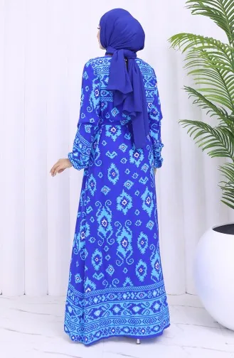 Viskon Kumaş Desenli Kuşaklı Elbise 2031-05 Saks