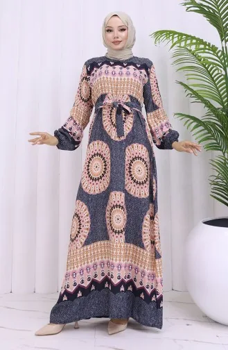 Robe Ceinturée à Motifs En Tissu Viscose 2032-01 Anthracite Poudre 2032-01