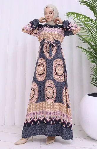 Robe Ceinturée à Motifs En Tissu Viscose 2032-01 Anthracite Poudre 2032-01