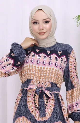 Robe Ceinturée à Motifs En Tissu Viscose 2032-01 Anthracite Poudre 2032-01