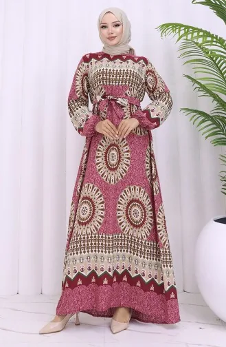 Viskon Kumaş Desenli Kuşaklı Elbise 2032-03 Gül Kurusu Kahverengi