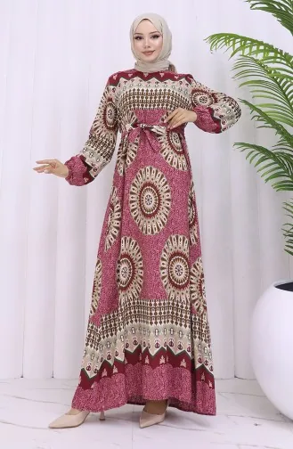 Viskon Kumaş Desenli Kuşaklı Elbise 2032-03 Gül Kurusu Kahverengi