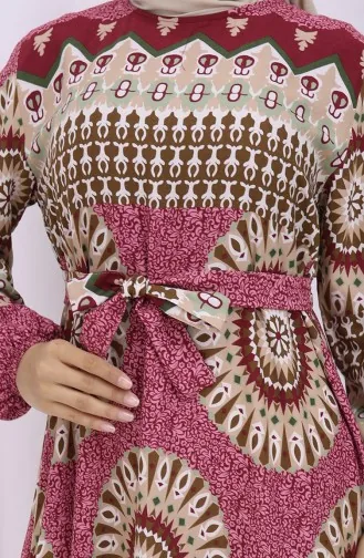 Viskon Kumaş Desenli Kuşaklı Elbise 2032-03 Gül Kurusu Kahverengi