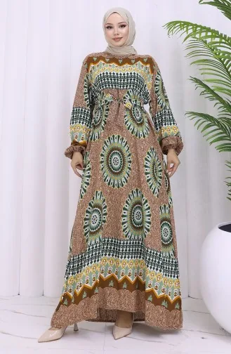 Robe Ceinturée à Motifs En Viscose 2032-04 Tan Almond Green 2032-04