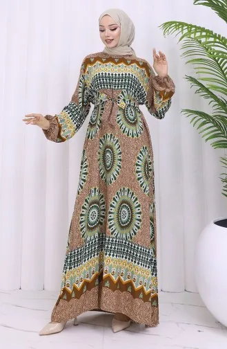 Robe Ceinturée à Motifs En Viscose 2032-04 Tan Almond Green 2032-04