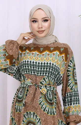 Robe Ceinturée à Motifs En Viscose 2032-04 Tan Almond Green 2032-04