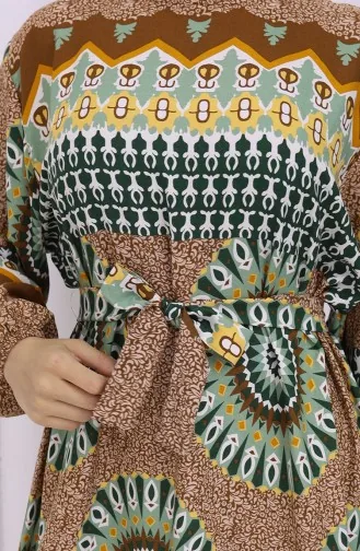 Robe Ceinturée à Motifs En Viscose 2032-04 Tan Almond Green 2032-04