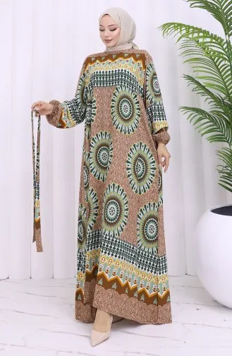 Robe Ceinturée à Motifs En Viscose 2032-04 Tan Almond Green 2032-04