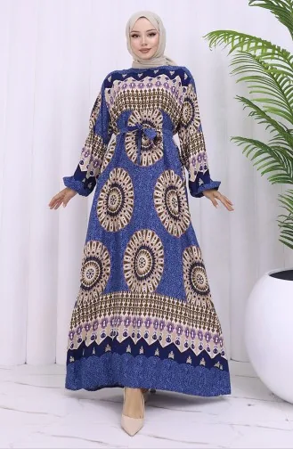Viskon Kumaş Desenli Kuşaklı Elbise 2032-05 Lacivert Lila