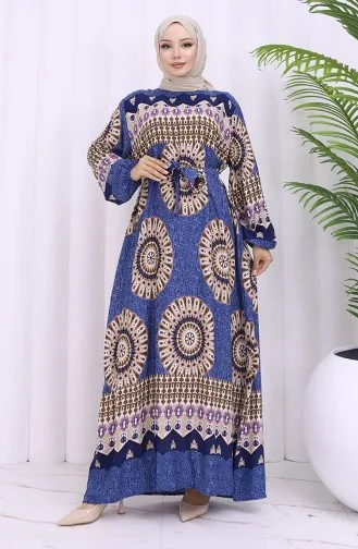 Viskon Kumaş Desenli Kuşaklı Elbise 2032-05 Lacivert Lila