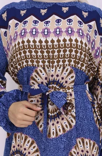 Viskon Kumaş Desenli Kuşaklı Elbise 2032-05 Lacivert Lila