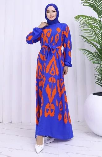 Viskon Kumaş Desenli Kuşaklı Elbise 2033-01 Saks Oranj