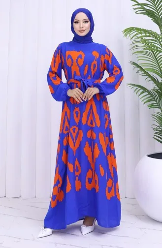 Viskon Kumaş Desenli Kuşaklı Elbise 2033-01 Saks Oranj