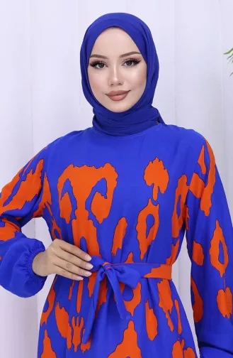 Viskon Kumaş Desenli Kuşaklı Elbise 2033-01 Saks Oranj