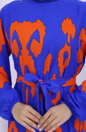 Viskon Kumaş Desenli Kuşaklı Elbise 2033-01 Saks Oranj