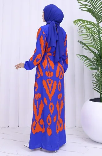 Viskon Kumaş Desenli Kuşaklı Elbise 2033-01 Saks Oranj