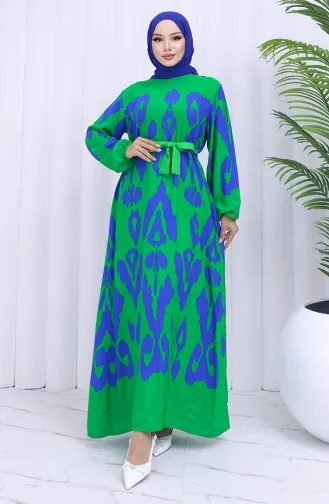 Robe Ceinturée à Motifs En Tissu Viscose 2033-02 Vert Saks 2033-02