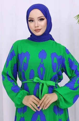 Robe Ceinturée à Motifs En Tissu Viscose 2033-02 Vert Saks 2033-02