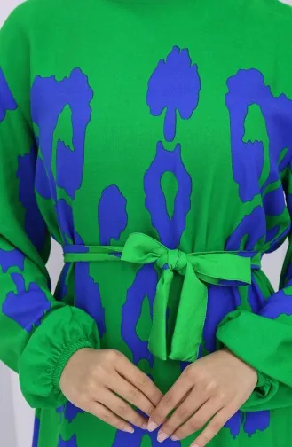 Robe Ceinturée à Motifs En Tissu Viscose 2033-02 Vert Saks 2033-02