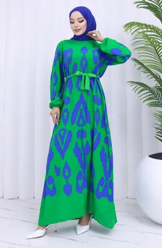 Robe Ceinturée à Motifs En Tissu Viscose 2033-02 Vert Saks 2033-02