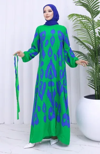 Robe Ceinturée à Motifs En Tissu Viscose 2033-02 Vert Saks 2033-02