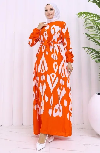 Viskose Stoff Gemustertes Kleid Mit Gürtel 2033-03 Orange Weiß 2033-03