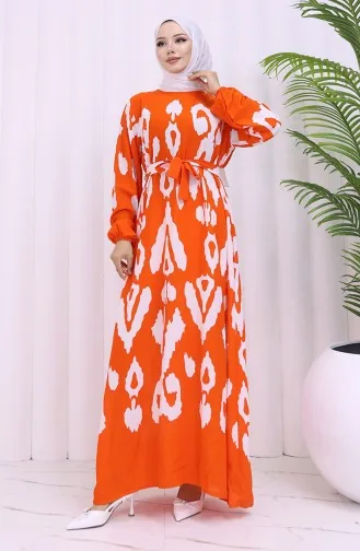 Viskose Stoff Gemustertes Kleid Mit Gürtel 2033-03 Orange Weiß 2033-03