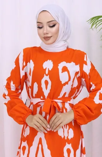 Viskose Stoff Gemustertes Kleid Mit Gürtel 2033-03 Orange Weiß 2033-03