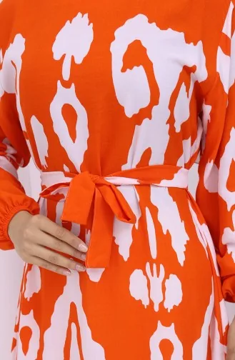Viskose Stoff Gemustertes Kleid Mit Gürtel 2033-03 Orange Weiß 2033-03