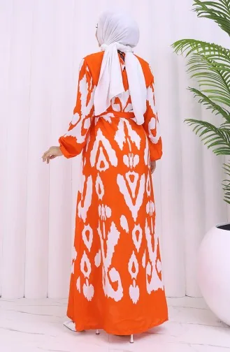 Viskose Stoff Gemustertes Kleid Mit Gürtel 2033-03 Orange Weiß 2033-03