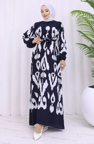 Viskose Stoff Gemustertes Kleid Mit Gürtel 2033-04 Marineblau Weiß 2033-04